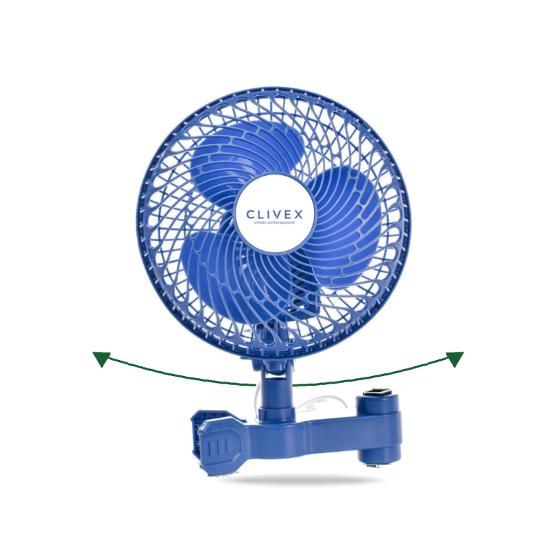 Ventilateur Clivex 23 cm à pince, tête oscillante et puissance de 20 W ; flèches illustrant le mouvement latéral